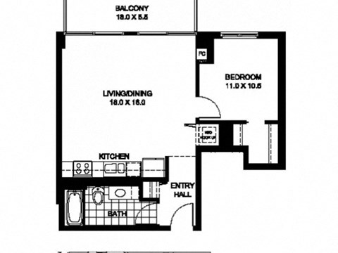 Floor plan for 1 bed, 1 bath